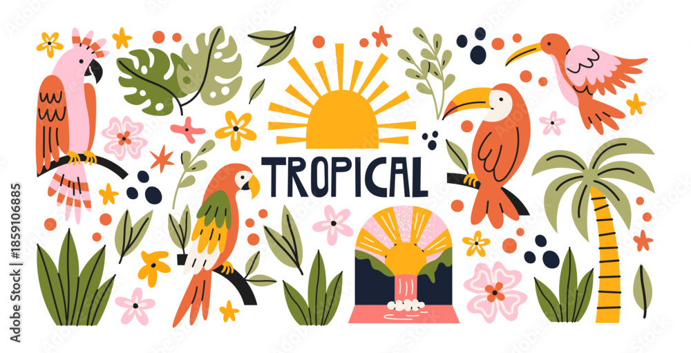 Obraz premium Tropical bird stickers in retro cartoon style. Parrots, toucans, palm tree, jungle leaves, exotic flowers, sunset and tropical plants. Summer rainforest graphics, exotic island animal stickers