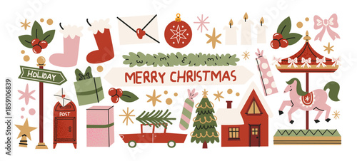 Christmas stickers in retro cartoon style. Holiday new year elements: gifts, candy canes, wreaths. Snowman, reindeer, car with presents, festive sweets. Illustration in retro cartoon style