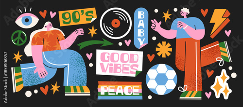 Photography 90s disco lifestyle compositions in retro cartoon style