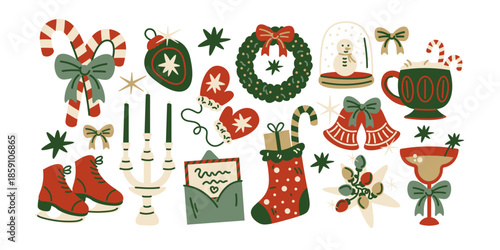 Christmas stickers in retro cartoon style. Holiday new year elements: gifts, candy canes, wreaths. Snowman, reindeer, car with presents, festive sweets. Illustration in retro cartoon style