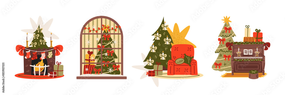 Naklejka premium Cozy holiday home compositions with decorated Christmas tree scenes in retro cartoon style. Warm festive interiors with gifts and fireplace, New Year mood illustrations. Magical home ambience