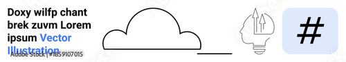 Cloud formation, upward-moving arrows inside a lightbulb, and metadata tag icon blend computing, innovation, and social connectivity. Ideal for tech innovation, creativity, brainstorming