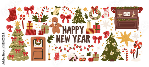 Christmas stickers in retro cartoon style. Holiday new year elements: gifts, candy canes, wreaths. Snowman, reindeer, car with presents, festive sweets. Illustration in retro cartoon style