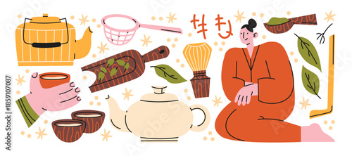 Traditional Chinese tea ceremony set in retro cartoon style. Teapots, cups, tea bags, herbal leaves, kettle, spoon and brewing accessories. Cultural illustration of Chinese gongfu tea ritual. Vector 