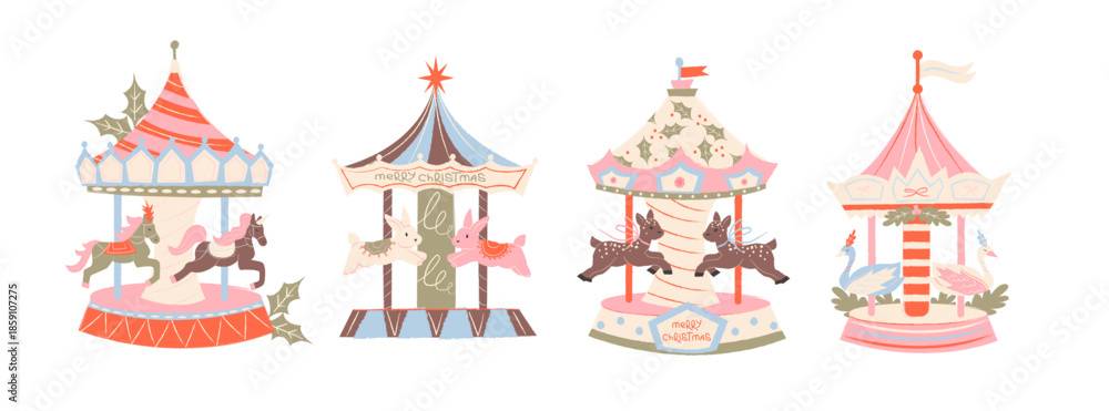 Obraz premium Christmas carousel ornaments in retro cartoon style. Festive fair rides with horses, decorative tents and holiday details, cozy winter celebration mood inspired by European Christmas markets