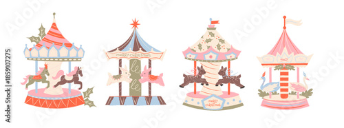 Christmas carousel ornaments in retro cartoon style. Festive fair rides with horses, decorative tents and holiday details, cozy winter celebration mood inspired by European Christmas markets