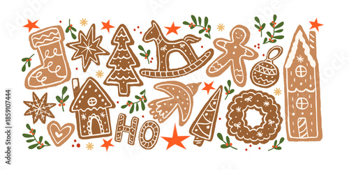 Christmas gingerbread cookies in retro cartoon style. Cookie shapes with stars, tree, house and festive details, cozy winter holiday mood, hand drawn bakery aesthetics, playful seasonal symbols 