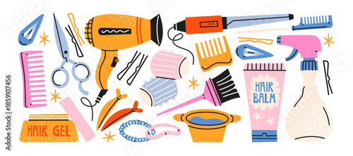 Hair salon tools and hairstyling routine in retro cartoon style. Hair dryer, scissors and combs with brushes, clips and cosmetic products, everyday beauty care workflow, playful hand drawn stickers 
