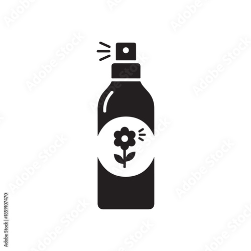 Black silhouette icon of spray bottle with flower illustration on label indicating floral fragrance mist or natural air freshener product for home linen or body care use isolated
