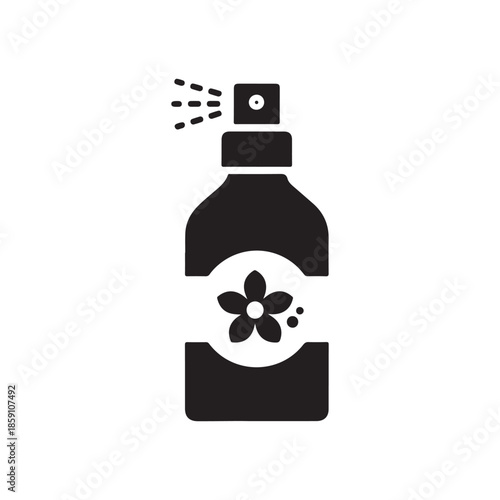 Black silhouette icon of perfume or cosmetic spray bottle displaying elegant flower emblem suggesting luxury fragrance mist or aromatherapy essential liquid product isolated
