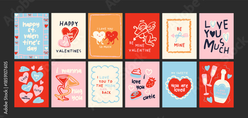 Vintage romantic posters in retro cartoon style. Elegance postcards with ribbons, candles, keys and letters with ballet and love motifs, gentle nostalgic mood and tender feminine atmosphere.Wall decor