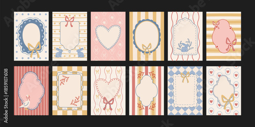 Cute decorative frames in soft pastel cartoon style. Hand drawn posters with bows, hearts and playful shapes, gentle scrapbook aesthetics for cards, notes and children designs, cozy romantic mood with