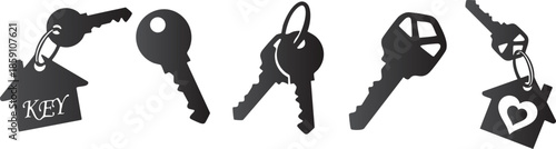 Collection of five dark gray silhouette keys with house and heart shaped keychains on white background