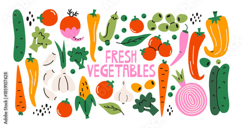 Fresh vegetables stickers in cartoon style. Tomatoes, carrots, cucumbers and greens arranged as colorful grocery elements, organic plant based ingredients, farm market vibe, vegetarian lifestyle, cook