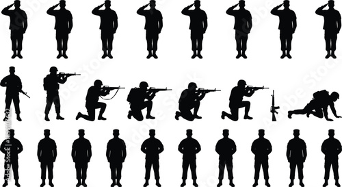Military soldier silhouettes in action, saluting, shooting, crawling, standing poses, army troop training illustration, combat posture icons, defense force artwork