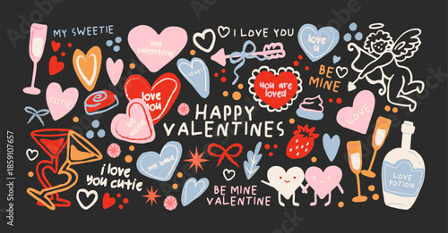 Valentine’s Day romantic collection in retro cartoon style. Cupid, heart, love letter, wine, cake, swans, roses, key and lock, mirror and doves. Illustration for romance, wedding and celebration