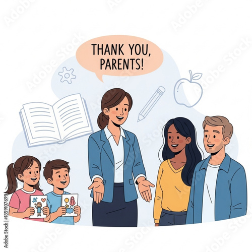 Teacher thanking parents for their support with children holding artwork vector illustration for education concept