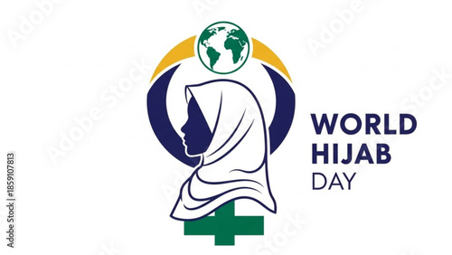 World Hijab Day logo with woman silhouette and globe symbolizing global solidarity and womens rights vector illustration