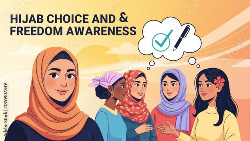 Diverse women discussing hijab choice and freedom awareness illustration for empowerment and human rights campaigns vector art