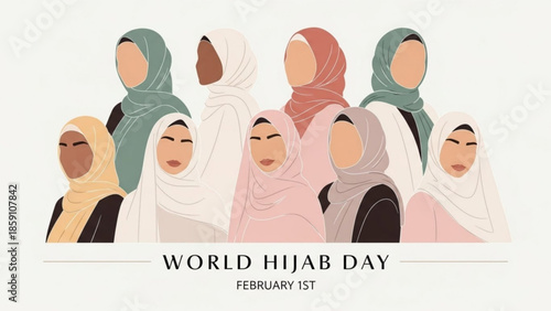 Diverse women in hijabs celebrating World Hijab Day with unity and cultural representation flat illustration for social media and awareness 