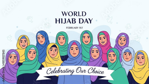 World Hijab Day illustration diverse women celebrating choice with colorful headscarves vector graphic for social media and awareness campai