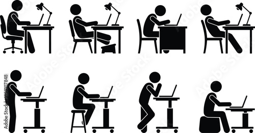 Office worker sitting and standing laptop posture icons, ergonomic desk positions, workspace silhouette illustrations for business, productivity, remote work design