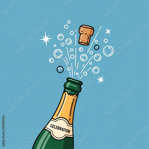 Champagne bottle cork popping with bubbles and sparkles celebratory concept for holidays and special events vector illustration