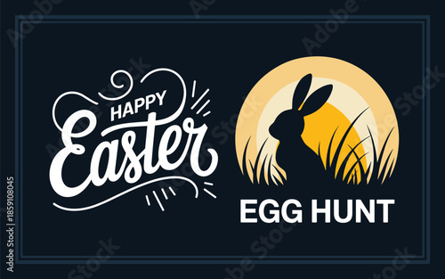 Happy Easter egg hunt celebration with bunny silhouette and decorative text