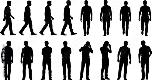 Set of black silhouettes of a man walking in profile and standing in various poses with crossed arms and thinking.