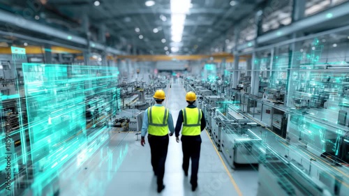 Two factory workers in safety vests and hard hats observing a modern manufacturing floor with augmented reality data overlays, 4k video