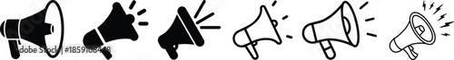 Megaphone icon collection with various styles and designs on a white background for effective communication.Four Black Silhouette Megaphone Icons on White Background bullhorn loudspeaker