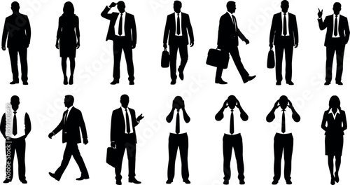 Set of professional business people silhouettes in formal suits walking standing and gesturing isolated on white background for corporate design