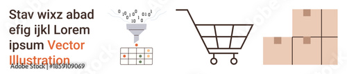Data analysis, e-commerce, logistics, warehouse management, shopping, online retail. Visual shows data funnel, shopping cart and storage boxes. Data processing and e-commerce idea