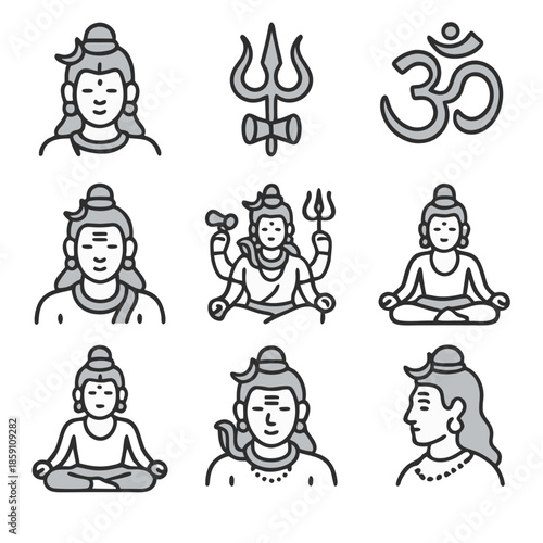 Illustrations of hindu god shiva with intricate details. Ideal for cultural designs, spiritual projects, religious publications, and educational materials.