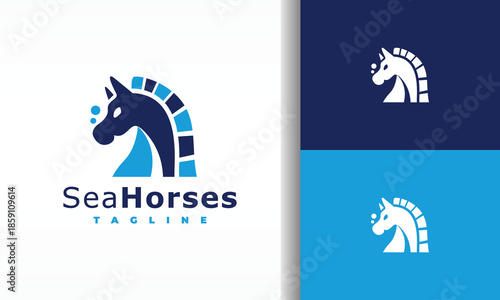Modern Blue Seahorse Logo with Chess Knight Motif