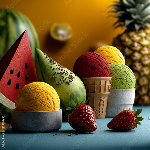 Colorful ice cream scoops in bowls and cones, surrounded by fresh fruits like strawberries, watermelon, and pineapple. Bright and vibrant summer dessert scene.