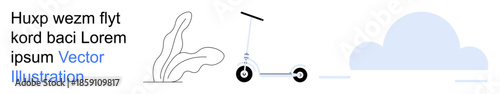 Sustainable transport, eco-friendly travel, city commuting, modern mobility, personal transport, technology. Foldable scooter with abstract plants and cloud art. Sustainable transport
