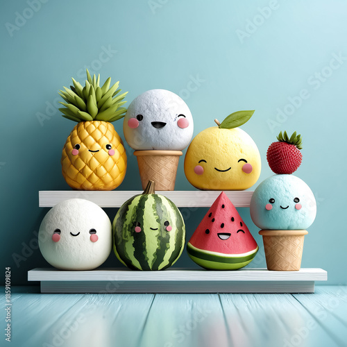 Colorful, cute fruit-shaped ice cream cones arranged on a shelf. Includes pineapple, lemon, watermelon, and strawberry designs. Bright and cheerful display.