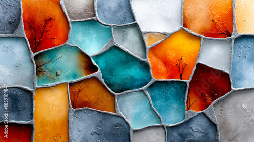 Colorful abstract mosaic pattern with various shapes and shades of blue, orange, gray, and white. The design features smooth textures and a modern aesthetic.