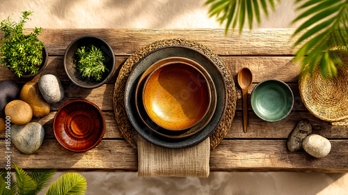 A wooden table displays various bowls and utensils. The scene includes green plants, smooth stones, and a woven placemat, creating a natural dining atmosphere.