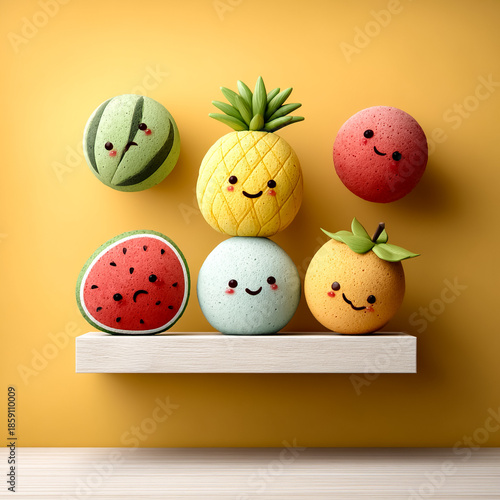 A collection of cute, smiling fruit characters on a wooden shelf against a yellow background. Includes watermelon, pineapple, and orange.