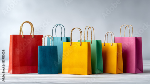 Colorful shopping bags arranged on a light surface. The bags are in various colors including red, blue, green, yellow, and pink. Ideal for marketing and promotional events.