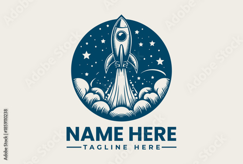 A blue and white logo featuring a rocket ship launching into a starry night sky with clouds, customizable text fields for a company name and tagline.