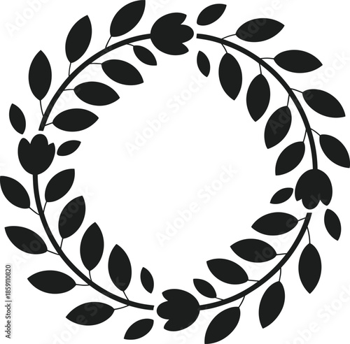 Black silhouette floral wreath with leaves and buds on white background vector