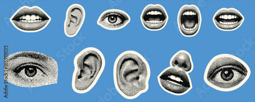 Collage of vintage style eyes, ears, and mouths on bright blue background