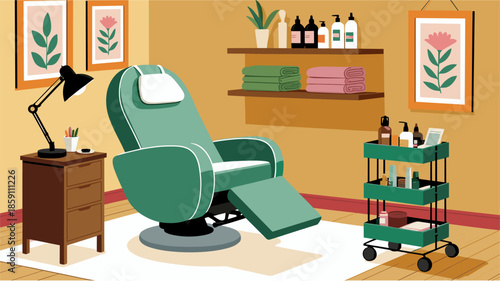 Minimalist illustration of a contemporary spa room with a mint green reclining chair, botanical decor, treatment cart, and soft neutral tones.