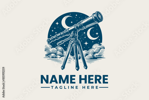 A logo featuring a blue telescope on a tripod in front of a moonlit night sky with clouds and stars, accompanied by placeholder text for a name and tagline.