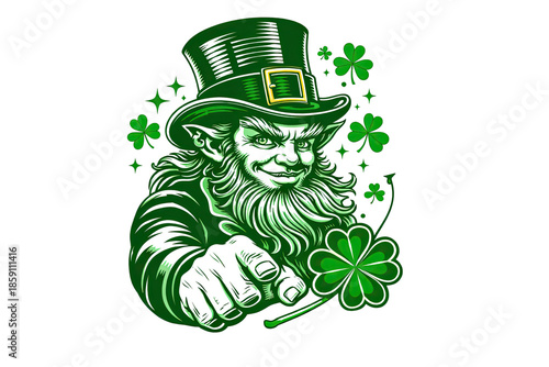 Illustrated leprechaun pointing forward holding clover symbolizing luck invitation and celebration isolated on white background