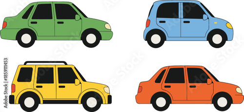 Flat style colorful car set illustration with modern compact vehicles in different colors for transportation and urban mobility concepts