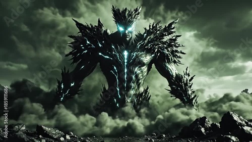 Epic CGI representation of a powerful, monstrous creature with glowing eyes and armored body, emerging from a cloud of smoke and debris